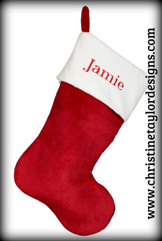 Personalized Stocking - Traditional red plush stocking with white trim. - Christine Taylor Designs
