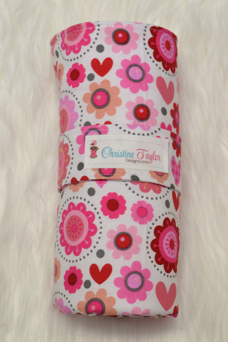 READY MADE - Travel Diaper Change Pad - Pink hearts and flowers