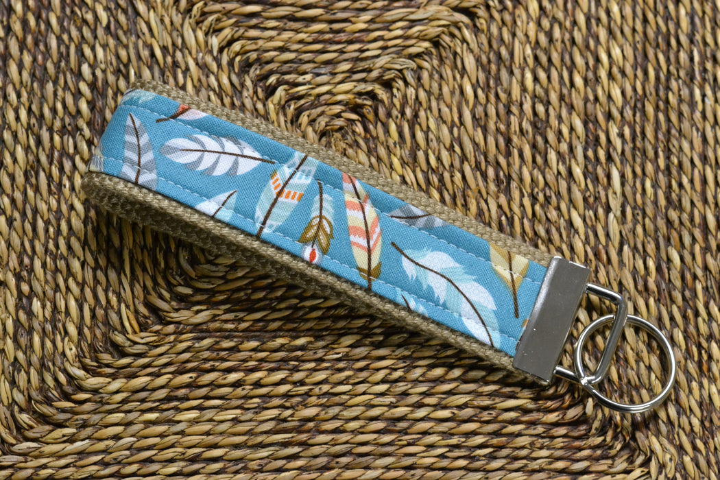 READY MADE Key Fob - Blue feathers on tan