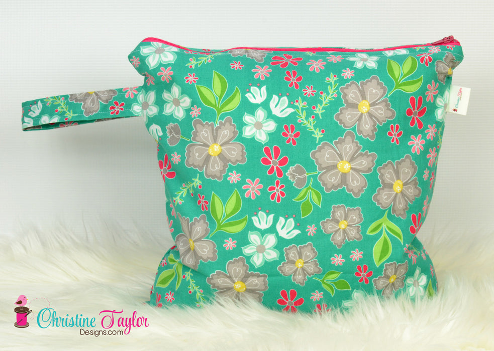 Ready Made MEDIUM SIZE Wet Bag - Teal pink grey flowers