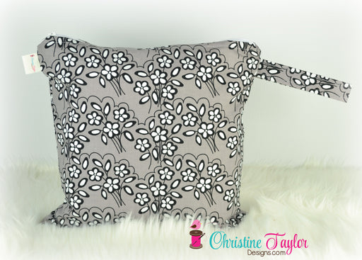 Ready Made MEDIUM SIZE Wet Bag - Grey Black Flowers - Christine Taylor Designs