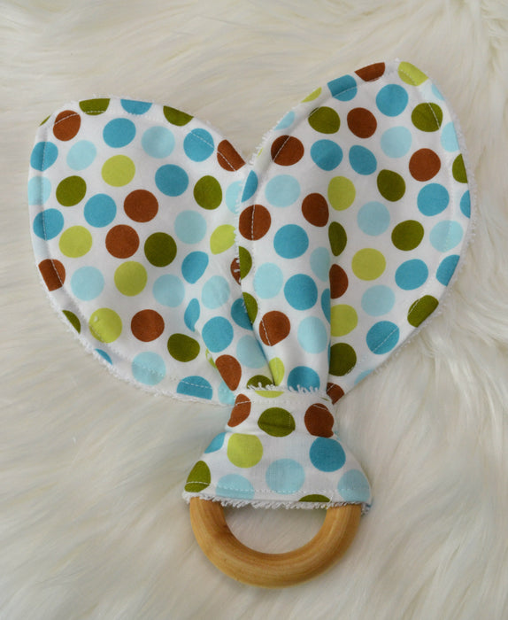 READY MADE Teething Ring - Blue green dots