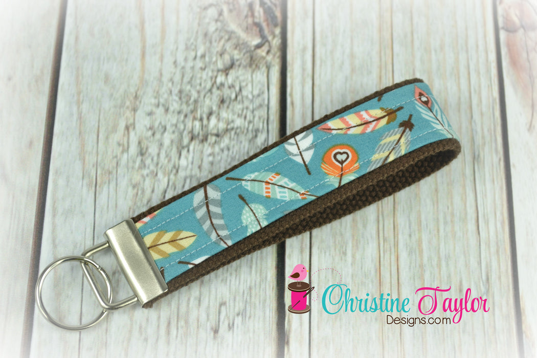 READY MADE Key Fob - Blue feathers on brown - Christine Taylor Designs