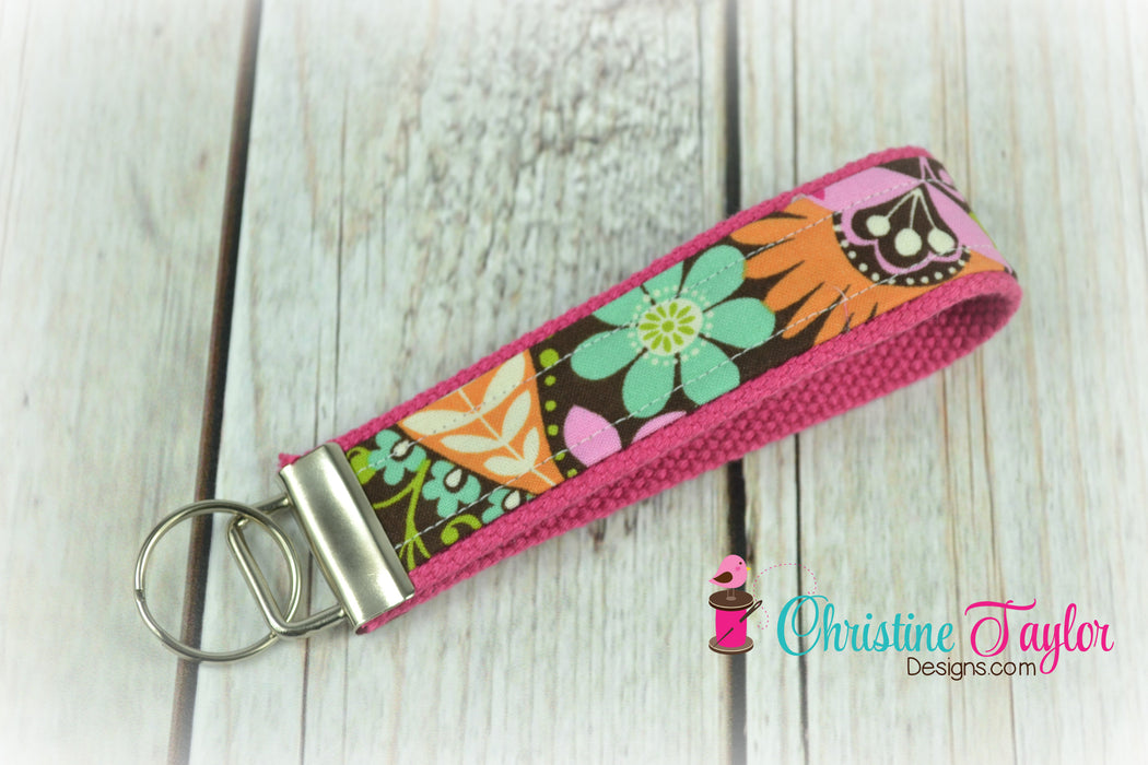 READY MADE Key Fob - Brown floral on Pink - Christine Taylor Designs