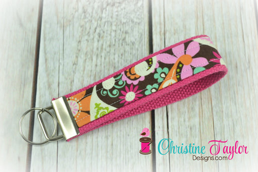 READY MADE Key Fob - Brown floral on Pink 2 - Christine Taylor Designs