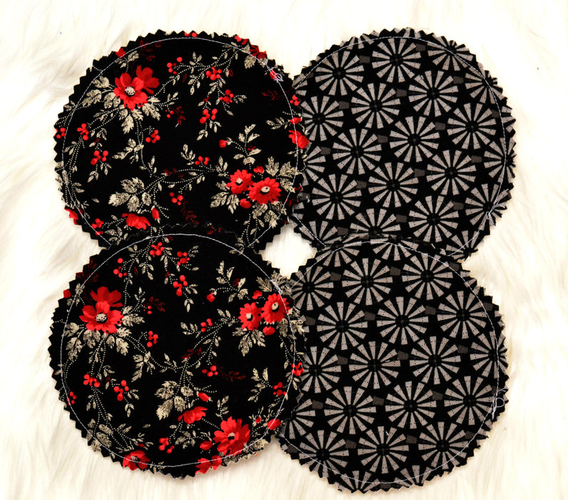 READY MADE - Reusable Nursing Pads - Red floral and black circles