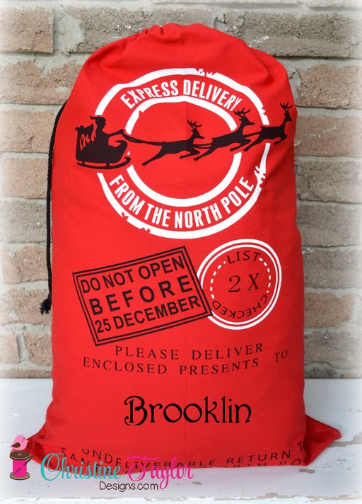 Personalized Santa Sacks - Santa Sleigh Design RED SACK - Christine Taylor Designs