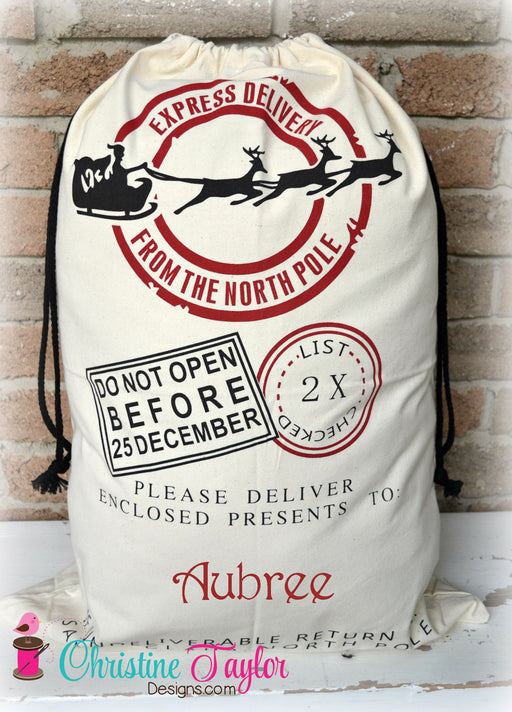 Personalized Santa Sacks - Santa Sleigh Design CREAM SACK - Christine Taylor Designs