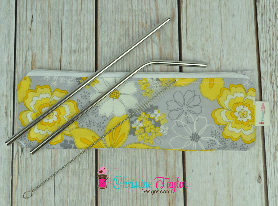 Ready Made Straw Pouch - Yellow/Grey Floral